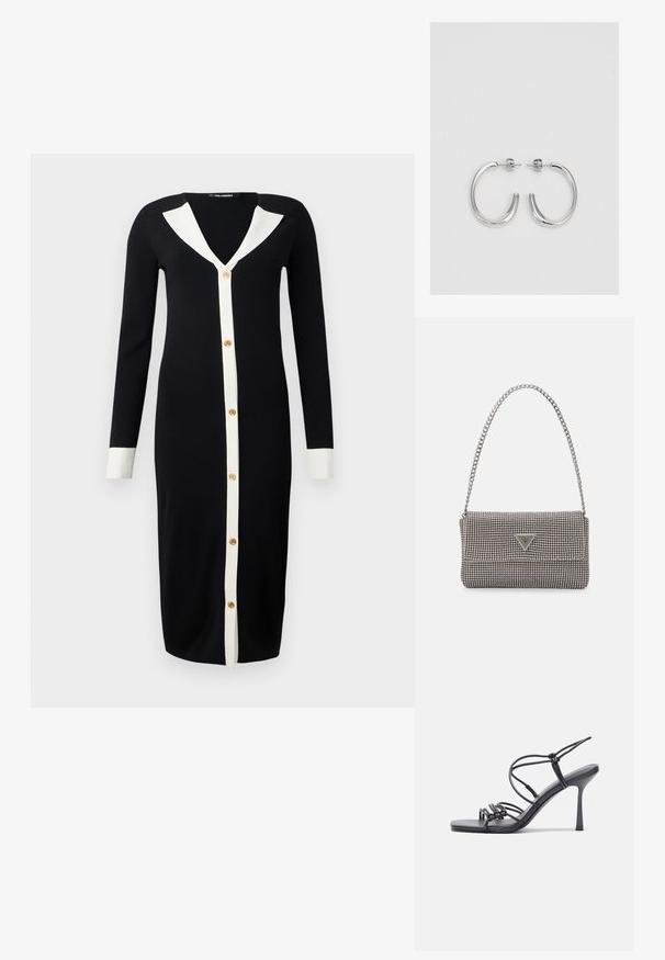 Lång svart klänning med vit krage och knapprad, som har långa ärmar och guldknappar fram, slät textur.; Svarta högklackade sandaler har tunna remmar med en knuten design, en slät fyrkantig tå och en smal stilettklack.; Ljusgrå metallisk handväska med kedjestropp, prydd med små cirkulära metallnitar och en triangulär logotyp.; Silverfärgade hängande örhängen med en slät, blänkande yta. Rundad form, lätt design, med ett stift- och bakstängning.