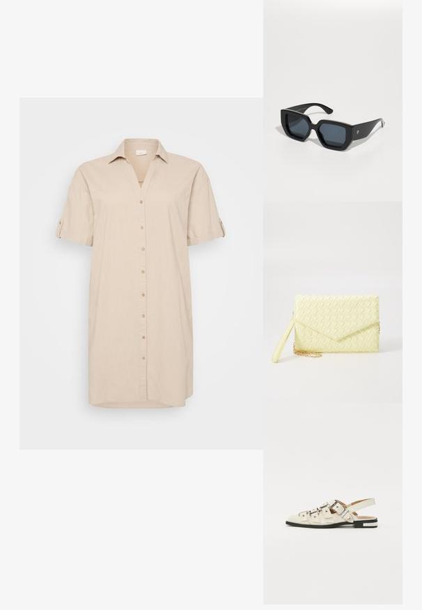 Abito camicia beige con bottoni e maniche corte, realizzato in tessuto leggero. Presenta un colletto e una linea dritta con orlo leggermente arrotondato.; Sandali slingback in pelle bianca con più cinturini larghi e fibbie d'argento; suola piatta con un piccolo tacco nero e dettagli metallici.; Occhiali da sole neri oversize con un design geometrico, lenti rettangolari e finitura lucida. Nessun marchio visibile nella parte anteriore.; Borsetta a clutch gialla in tessuto intrecciato con design a pattina, tracolla rimovibile e accentuazione in catena dorata. Texture liscia e forma rettangolare.