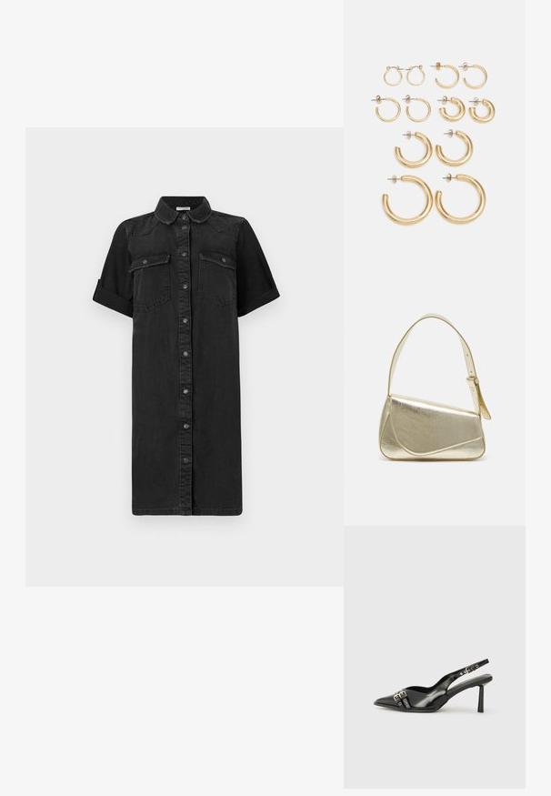 Svart denimskjortekjole med korte oppbrettede ermer, knappelukking foran, to brystlommer og en rett silhuett. Jevn tekstur.; Sorte patentlær slingback-sko med spiss tå, ankelremmer med sølvspenner og detaljer, og en slank hæl.; Gullfarget metallisk håndveske med en strukturert design, glatt tekstur og justerbar stropp. Har en unik trekantet form og minimalistisk søm.; Sett med gulløredobber i ulike størrelser og design, inkludert små, mellomstore og store stiler, med glatte metalliske overflater.