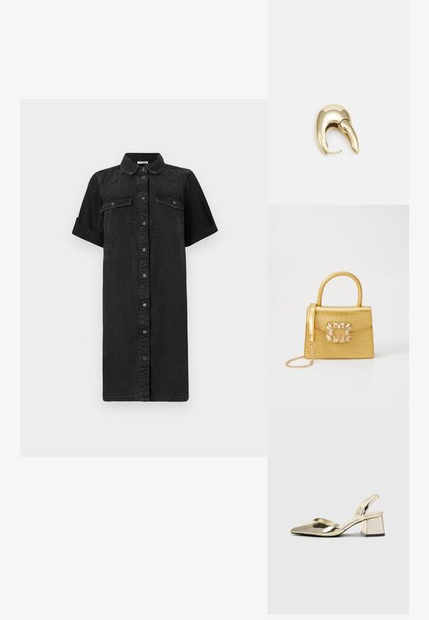 Svart denimskjortekjole med korte oppbrettede ermer, knappelukking foran, to brystlommer og en rett silhuett. Jevn tekstur.; Gull, metallisk slingback-hæler med spiss tå og chunky hæl. Glatt tekstur, minimalistisk design og en smal stropp.; Gul faux-krokodille veske med en strukturert design, toppen håndtak, avtagbar kjede stropp, og dekorativ krystallbortsettelse på låsen.; Gullfarget metalløredobber med et elegant, buet design. Har en karakteristisk spiss form, polert overflate og hengsel-lukking.