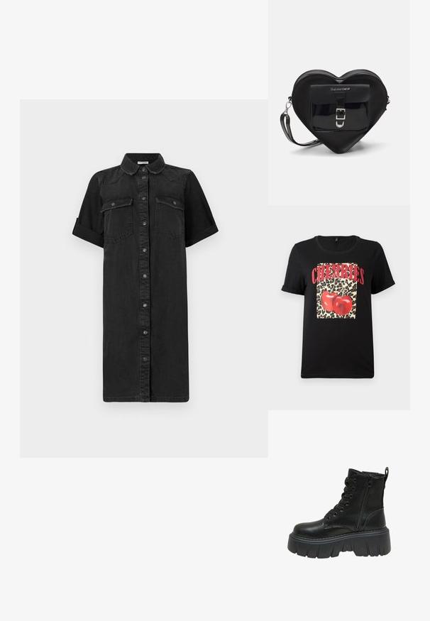 Črna denim obleka s kratkimi zavihanimi rokavi, sprednjim gumbom, dvema žepoma na prsih in ravno silhueto. Gladka tekstura.; Črna majica s kratkimi rokavi, ki prikazuje kvadrat z leopardjim vzorcem in rdečimi češnjami ter besedilom "ČEŠNJE" v krepkih rdečih črkah. Gladek bombaž.; Črne usnjene gležnarje s debelim platformiranim podplatom, ki imajo vezalni del spredaj in stranski zadrgo za enostavno obuvanje. Teksturna obdelava vzdolž podplata.; Črna torbica v obliki srca, izdelana iz lakirane usnje, s sprednjim žepom, ki se zapira z zaponko, in snemljivim trakom. Srebrni dodatki.