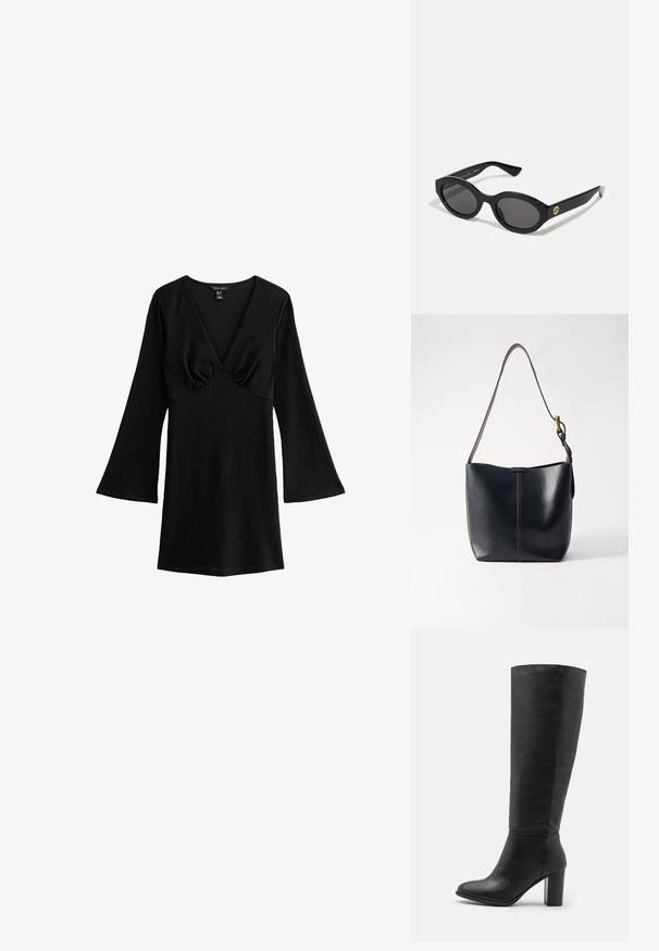 Schwarzes, geripptes Kleid mit tiefem V-Ausschnitt, ausgestellten langen Ärmeln und taillierter Silhouette. Der strukturierte Stoff sorgt für visuelles Interesse.; Schwarze kniehohe Stiefel aus glattem Leder, mit einem stabilen Absatz und runder Zehenpartie. Minimalistisches Design ohne sichtbare Hardware oder Dekorationen.; Schwarze ovale Sonnenbrille mit dunklen Gläsern und glänzendem Kunststoffrahmen. Mit goldenem Logo am Bügel, das ein elegantes und modernes Design bietet.; Schwarze Leder-Schultertasche mit glatter Oberfläche, ausgestattet mit einem dünnen, langen Tragegurt und einem dezenten genähten Detail in der Mitte.