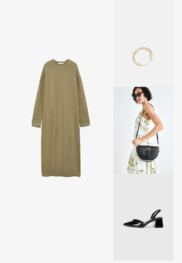 Trikotažna obleka do kolen v olivno zeleni barvi z ohlapnim krojem, okroglim izrezom in dolgimi rokavi. Ima rebraste manšete in rob. Mehka tekstura.; Črne lakirane slingback pete s koničastim nosom in geometrijsko blokasto peto. Imajo eleganten, minimalističen dizajn in gladko teksturo.; Črna usnjena torbica s ukrivljeno obliko, z odstranljivo naramnico in zlatimi dodatki. Torbica ima pokrov s podrobnostmi v obliki zaponke.; Zlati prstan s organskim, zvitim dizajnom, gladko površino in taperiranimi konci, ki ustvarja modernega, skulpturalnega videza.