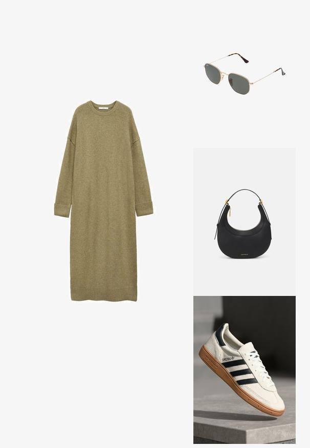 Abito in maglia di lunghezza ginocchio in verde oliva con una vestibilità ampia, collo rotondo e maniche lunghe. Presenta polsini e orlo a coste. Texture morbida.; Sneaker bianca in suede con strisce blu navy, suola in gomma, parte superiore testurizzata, punta rotonda e lacci; presenta un marchio sul lato e sulla linguetta.; Occhiali da sole con montatura in metallo dorato e lenti verde scuro, stile aviator, con aste sottili e dettagli in tartaruga sulle punte.; Borsa a mano in pelle nera con forma arrotondata, superficie texture, dettagli in metallo dorato e chiusura a zip. Logo visibile nella parte inferiore.