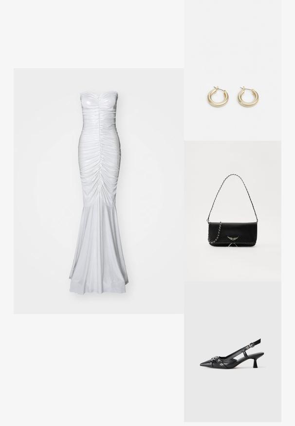 Olkaimeton valkoinen mekko, jossa on rypytettyjä yksityiskohtia, istuva bodice, levenevä helma ja sileä, hieman kiiltävä kangas. Elegantti ja virtaviivainen siluetti.; Mustat nahkakengät, joissa on avonainen takaosa ja kärjessä terävä muoto, koristevyöt, joissa on metalliset reiät, sekä matala lohkoepohja. Teksturoitu pinta.; Musta nahkalaukku, jossa on hopeaketjuolkaimet, koristelu siipiyksityiskohdilla ja valkoisella ommellulla sauman alareunassa.; Lauren Ralph Lauren BASIC SMALL HOOP - Korvakorut - gold-coloured