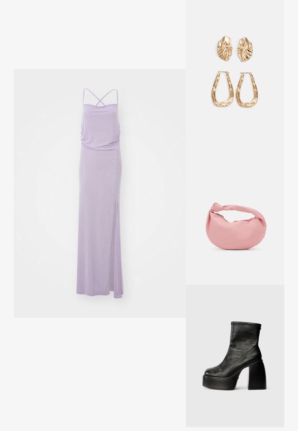 Rochie lungă lavandă cu bretele subțiri, croi lejer, bust plisat și deschidere pe lateral. Textură netedă, design minimalist și culoare uniformă.; Botine negre din piele, cu vârf rotunjit, textură netedă și un toc bloc proeminent. Au un fermoar pe lateral. Design minimalist.; Even&Odd Geantă de mână - pink; Cercei aurii cu forme texturate și ondulate. Include studs sculpturale cu clip și un design de cerc deschis cu un finisaj cioplit.