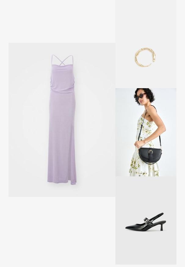 Pikk lavendlivärvi kleit, millel on õhukesed rihmad, lahtine lõige, kokku volditud rinnus ja külgslits. Sile tekstuur, minimalistlik disain ja ühtlane värv.; Mustad patenteeritud nahast sildiga kontsad, millel on terav nina ja väike plokk-konts, mille rihmal on hõbedane pandla aksessuaar.; Mustmust mustraha kõverate joontega, eemaldatava rihmaga ja kuldsete detailidega. Kotil on klapp, millel on pandladetail.; Kuldtoonis sõrmus, millel on orgaaniline, keerdunud disain sileda tekstuuri ja kitsenevate otstega, luues kaasaegse skulptuurilise välimuse.