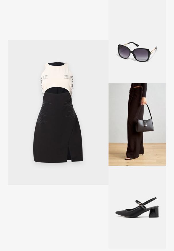 Crna i krem haljina bez rukava s izrezima, metalnim detaljima i valovitim uzorcima utisnutim u materijal.; Crne lakirane slingback visoke potpetice s šiljastim vrhom, zaobljenim izrezom i blok potpeticom. Sadrži akcent zlatnog tona s kopčom.; Crne prevelike sunčane naočale s gradijentnim lećama, debelim okvirom i zlatnim lancem kao detaljem na krakovima.; Crna torba s oblikom koji sadrži strukturu, glađu teksturu i metalnu kopču. Uparena s širokim crnim hlačama i sandalama na otvorenom s drvenog poda.