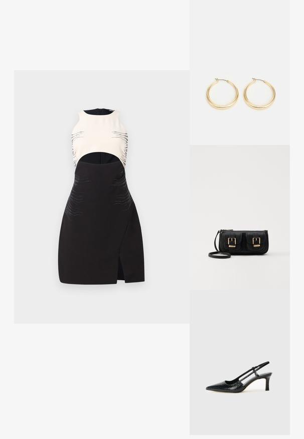 Čierne a krémové šaty bez rukávov s výrezmi, kovovými detailmi a vlnkovými vzormi embosovanými na materiáli.; Čierne patentové slingback topánky na ihlovom podpätku s špicatou špičkou, s textúrovaným hadím vzorom, nastaviteľným popruhom a krátkym, textúrovaným blokovým podpätkom.; Čierna kožená crossbody taška s dvoma prednými vreckami, zlatými sponami, zipsovým uzatváraním a úzkym popruhom. Štruktúrovaný povrch a kompaktný obdĺžnikový tvar.; Zlaté hoop náušnice s hladkým, zaobleným dizajnom, vybavené tenkým drôtovým zapínaním a lesklým povrchom pre žiarivý vzhľad.
