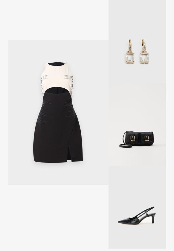 Mustvalge kleit ilma varrukateta, millel on lõikeavad, metallist detailid ja lainemustrid materjalil.; Mustmust paelad, millel on terav varvas, tekstuuriga maduprindiga, reguleeritav rihm ja lühike tekstuuriga plokknina.; Must küllastamata nahast õlakott, millel on kaks esist nähtavat taskut, kuldsed pandlad, tõmblukuga sulgemine ja peen rihm. Tekstuuriga pind ja kompaktne ristkülikukujuline kuju.; Kuldtooni kõrvarõngad, millel on ristkülikukujuline, selge kristall, mis ripub allapoole väikeste ümmarguste selgete aktsentide rida. Viimistletud, kaasaegne disain.