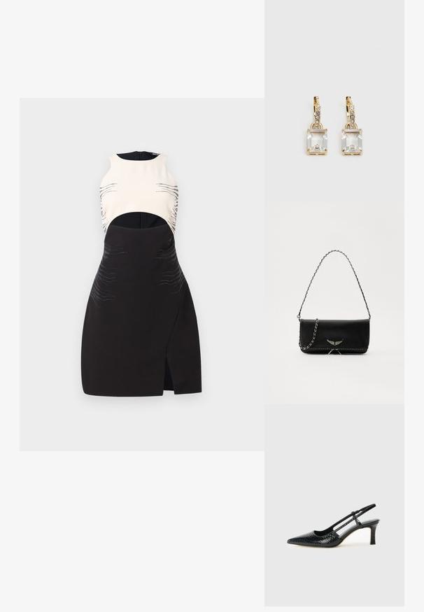 Černé a krémové šaty bez rukávů s výřezy, kovovými akcenty a vlnkovými vzory vyraženými na materiálu.; Černé lakované slingback podpatky s špičatou špičkou, zdobené texturovaným hadím vzorem, nastavovacím páskem a krátkým texturovaným blokovým podpatkem.; Černá kožená kabelka se stříbrným řetízkovým popruhem, zdobená dekorativními křídly a bílým prošíváním podél spodního švu.; Náušnice ve zlatém odstínu s obdélníkovým, průhledným krystalem zavěšeným pod řadou malých, kulatých průhledných akcentů. Elegantní, moderní design.