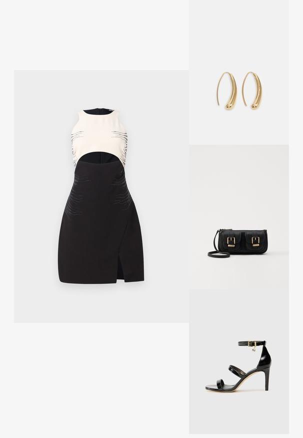 Mustavalkoinen mekko, jossa on hihaton muotoilu, leikkuukohdat, metalliset yksityiskohdat ja aaltoilevat kuviot painettuna kankaaseen.; Musta patentoitu nahkasandaali, jossa on kolme hihnaa, nilkkasolki ja 4 tuuman stiletto-korko. Varustettu kultaisilla yksityiskohdilla ja logokoristeella.; Musta nahkainen olkalaukku, jossa on kaksi etutaskua, kultaiset soljet, vetoketjukiinnitys ja kapea hihna. Teksturoidun pinnan ja kompaktin suorakaiteen muoto.; Korvakorut kultasävytteistä metallista, joissa on kaareva, pitkänomainen muoto. Ominaisuuksiin kuuluu sileä, kiiltävä pinta ja pyöreä kärki lisäyksinä.