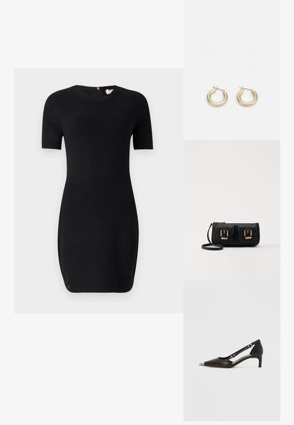 Abito nero lavorato a maglia con una texture a coste, maniche corte e scollatura rotonda. Presenta una cerniera sul retro e una forma aderente.; Décolleté in pelle nera con tacco kitten, punta argentata appuntita e doppie cinghie con fibbia su sfondo bianco.; Borsa a tracolla nera in pelle con due tasche frontali, fibbie dorate, chiusura con zip e una tracolla sottile. Superficie texturizzata e forma rettangolare compatta.; Lauren Ralph Lauren BASIC SMALL HOOP - Orecchini - gold-coloured