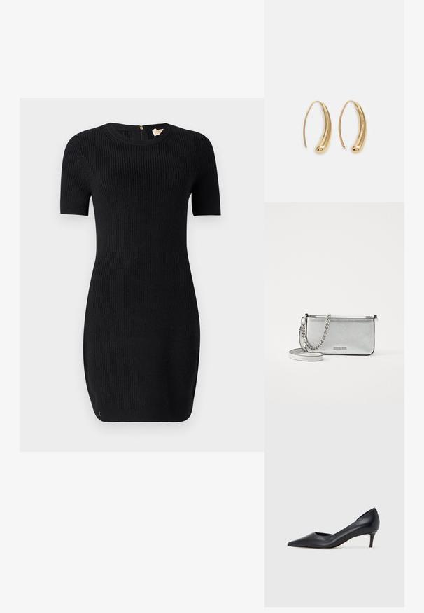 Schwarzes gestricktes Kleid mit gerippter Textur, kurzen Ärmeln und rundem Ausschnitt. Verfügt über einen Reißverschluss im Rücken und eine figurbetonte Form.; Schwarzer Pumps aus Leder mit spitzer Zehenpartie und niedrigem Absatz. Verfügt über eine glatte Textur und dezenten Glanz. Vordere Öffnung für ein zusätzliches Detail.; Silberne Leder-Crossbody-Tasche mit strukturiertem Finish, Ketten- und Riemenakzenten sowie einem Reißverschluss. Auf der Vorderseite befindet sich ein Logo.; Goldfarbene Metall-Hoops mit einer geschwungenen, länglichen Form. Sie verfügen über eine glatte, glänzende Oberfläche und eine abgerundete Spitze für zusätzliche Details.