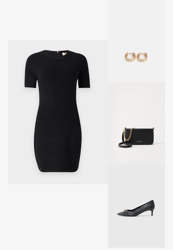Czarna dzianinowa sukienka z prążkowaną fakturą, krótki rękaw i okrągły dekolt. Posiada zamek błyskawiczny z tyłu oraz dopasowany krój.; Czarna skórzana szpilka z owalnym noskiem, niskim obcasem, z teksturowanym paskiem i metalicznym akcentem z przodu. Gładka powierzchnia i smukły kształt.; Czarna skórzana kopertówka z złotym akcentem w postaci łańcucha, gładka faktura i złote detale z logo. Zawiera regulowany pasek dla większej wszechstronności.; Złote kolczyki w kształcie obręczy z wypolerowanym wykończeniem, charakteryzujące się grubym, okrągłym wzorem i bezpiecznym zapięciem. Gładka faktura i błyszczący wygląd.
