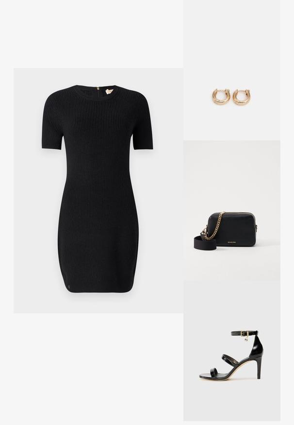 Rochie tricotată neagră cu o textură canelată, cu mâneci scurte și decolteu rotund. Are un fermoar la spate și o formă ajustată.; Sandale negre din piele lacuită, cu trei curele, cataramă la glezna și toc stiletto de 10 cm. Prezintă detalii din metal auriu și un charm cu logo.; Geantă de umăr din piele neagră, cu accente de lanț aurii, închidere cu fermoar și curea de stofă detasabilă. Logo-ul Michael Kors pe față.; Cercei din aur cu un finisaj lustruit, având un design circular gros și un mecanism de închidere sigur. Textură netedă și aspect strălucitor.