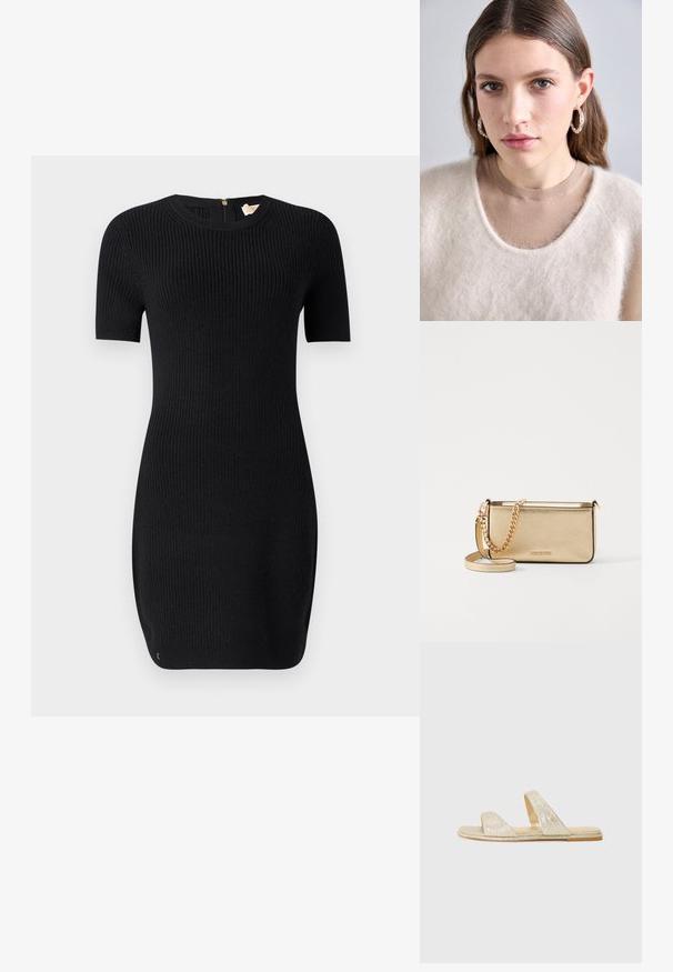 Svart stickad klänning med ribbad textur, korta Ärmar och rund halsringning. Har en dragkedja i ryggen och en figurnära passform.; Guldglittriga sandaler med två breda remmar på toppen, en platt sula och minimalistisk design. Slät textur och subtila detaljer i guld.; Metallich guld läderklutch med en texturerad yta, utrustad med en guld kedjestropp och en avtagbar axelrem. Varumärkeslogotyp präglad.; Ljusbeige stickad tröja med en fluffig struktur och vid urringning, över en åtsittande brun skjorta. Modellen bär silverfärgade hoops.