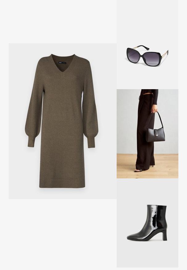 Vestido de malha verde-oliva com decote em V e mangas longas e bufantes. O tecido possui uma textura canelada, caindo até meio da coxa.; Botim de tornozelo em pele sintética preta com bico apontado e salto bloco de altura média. Textura suave e design minimalista.; Óculos de sol oversized pretos com lentes degradê, armações grossas e detalhes em corrente dourada nas hastes.; Bolsa preta com forma estruturada, textura suave e um fecho metálico. Combinada com calças largas pretas e sandálias de salto aberto sobre um chão de madeira.