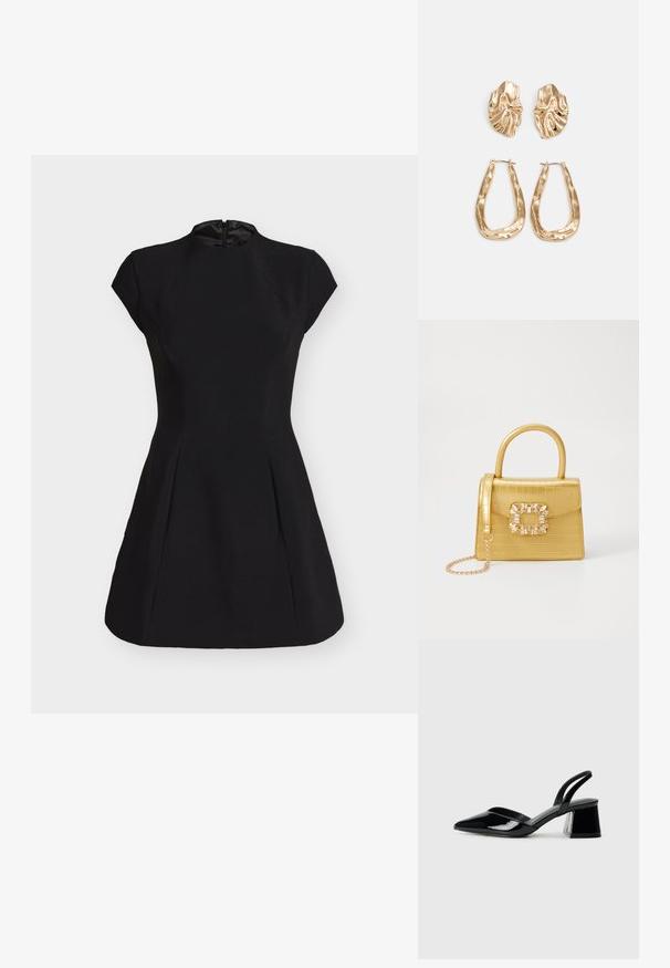 Black dress with a high neck, short cap sleeves, fitted bodice, and flared skirt. Made from a textured fabric with a back zipper closure.; Black patent leather slingback heels with a pointed toe and a geometric block heel. Features a sleek, minimal design and smooth texture.; Yellow faux-crocodile handbag with a structured design, top handle, detachable chain strap, and decorative crystal embellishment on the clasp.; Gold-tone earrings featuring textured, wavy shapes. Includes sculptural clip-on studs and open hoop design with a hammered finish.