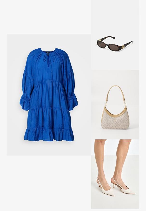 Blauwe, gelaagde jurk met een ronde halslijn, puffmouwen en een geraffineerde taille. Gemaakt van textiel met een zachte glans.; Beige gepatineerde leren slingback hakken met een spitze neus en een hak van 5 cm, met uitsparingen aan de zijkanten en een dunne enkelband.; Schildpadbril met langwerpige ovale lenzen, bruine tint, gouden logo-accenten op de pootjes en slanke zwarte armen.; Beige handtas met een patroon en een gebogen vorm, leren accenten en een goudkleurig logo aan de voorkant. Beschikt over een kort handvat voor gemakkelijk dragen.