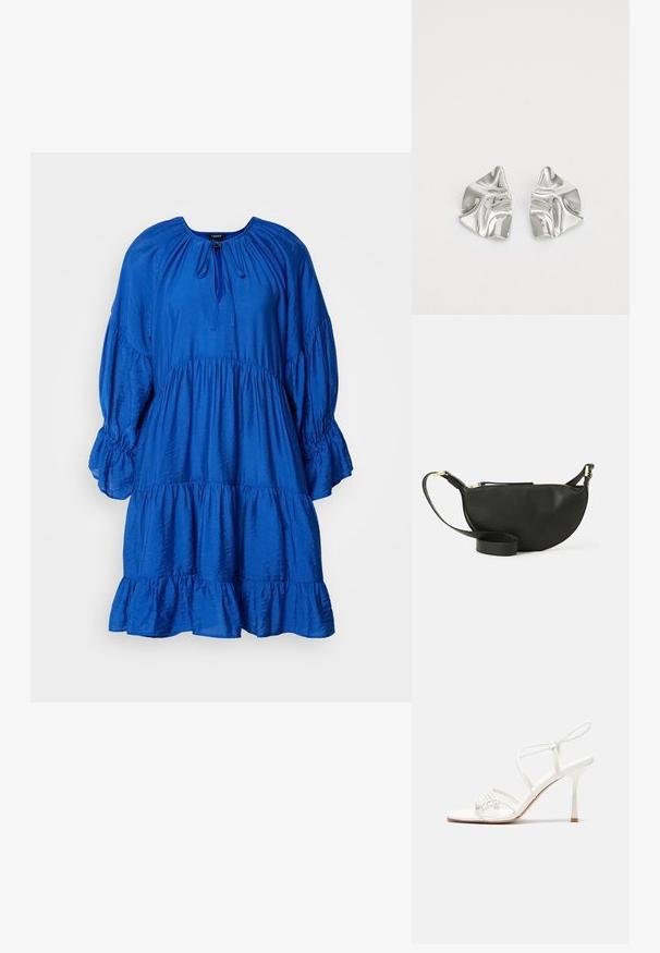 Blue, tiered dress with a round neckline, puff sleeves, and a gathered waist. Made of textured fabric with a soft sheen.; White strappy high-heeled sandal with a flat toe base, textured front with gathered accents, and a slim ankle strap.; Black leather crossbody bag with half-moon shape, textured surface, gold zipper, and a flat strap. Compact design suitable for essentials.; Silver metal earrings with a wavy, sculptural design featuring a polished finish and irregular shapes, highlighting a contemporary aesthetic.