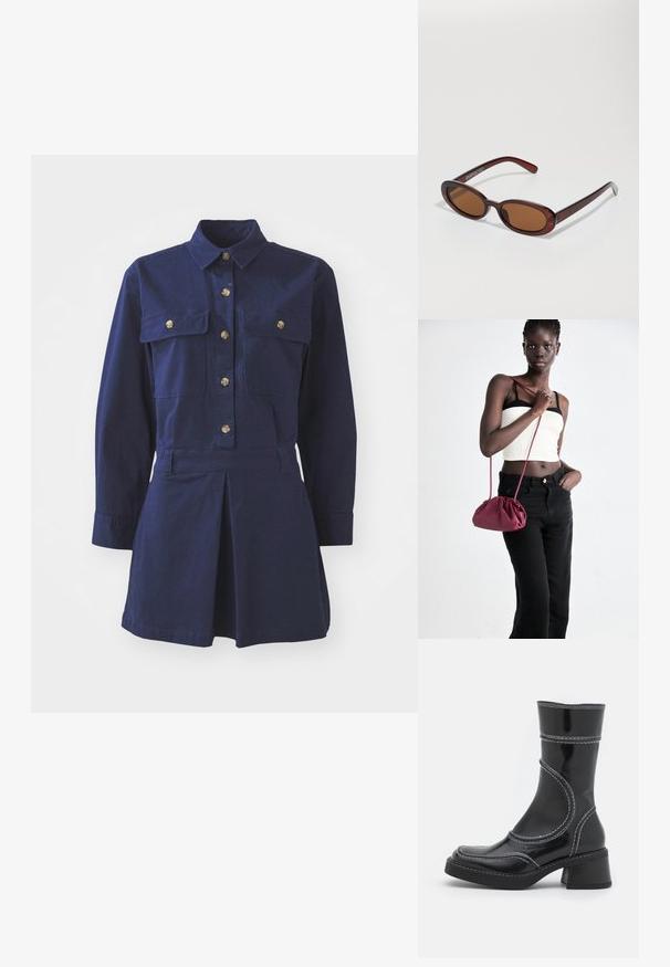 Abito camicia blu navy in cotone con maniche lunghe, apertura con bottoni frontale, due tasche sul petto e dettaglio della gonna plissettata.; Stivale alla caviglia in pelle verniciata nera con cuciture bianche, punta arrotondata e tacco a blocco. Presenta linee di design curve e una texture liscia.; Occhiali da sole rotondi con tonalità marrone, montatura lucida color bordeaux. Aste sottili con un sottile dettaglio del marchio. Design delle lenti piatte.; Borsa a tracolla in morbido tessuto bordeaux con design arricciato e una lunga tracolla, indossata a tracolla. Il modello indossa un top corto bianco e jeans neri.