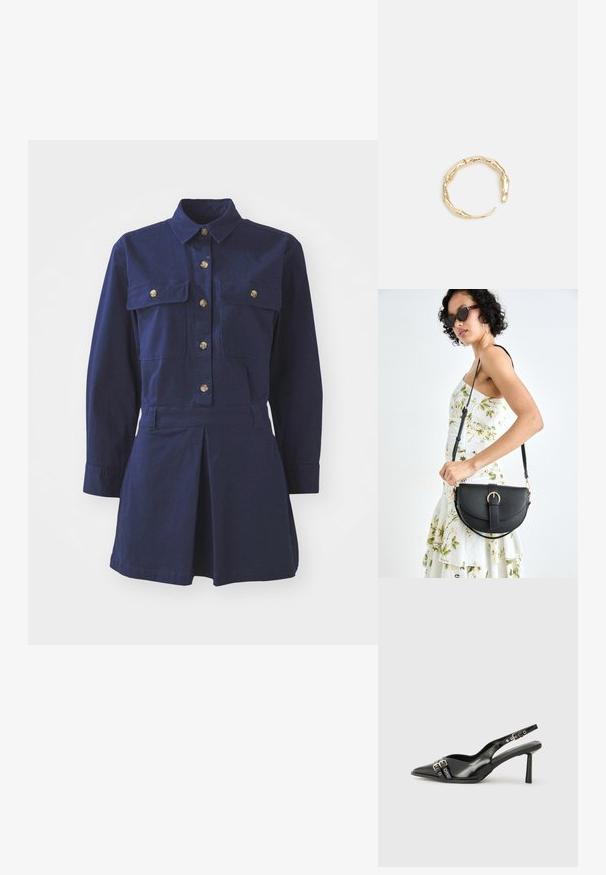 Tumesinine puuvillane kleit, millel on pikad varrukad, nööpidega eesmine osa, kaks rinna taskut ja volditud seeliku detail.; Must musta nahk kingad sanga ja terava ninaga, ankle strapidega, millel on hõbedased pandlad ja riistvara ning õhuke konts.; Mustmust mustraha kõverate joontega, eemaldatava rihmaga ja kuldsete detailidega. Kotil on klapp, millel on pandladetail.; Kuldtoonis sõrmus, millel on orgaaniline, keerdunud disain sileda tekstuuri ja kitsenevate otstega, luues kaasaegse skulptuurilise välimuse.