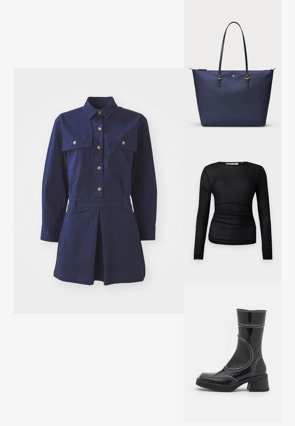 Tengerészkék pamut ingruha hosszú ujjakkal, gombos elülső része, két mellzsebe és plissezelt szoknyarész.; Fekete, hosszú ujjas felső áttetsző, rugalmas anyagból. Oldalán ráncolt részletek találhatók, és kerek nyakkivágású.; Fekete lakkbőr bokacsizma fehér varrással, kerek orral és blokk sarkal. Görbült formai vonalakkal és sima textúrával rendelkezik.; Tengerészeti kék vászontáska strukturált anyagból, fekete bőr fogantyúkkal és arany színű fém kiegészítőkkel. Cipzáras záródás a tetején.