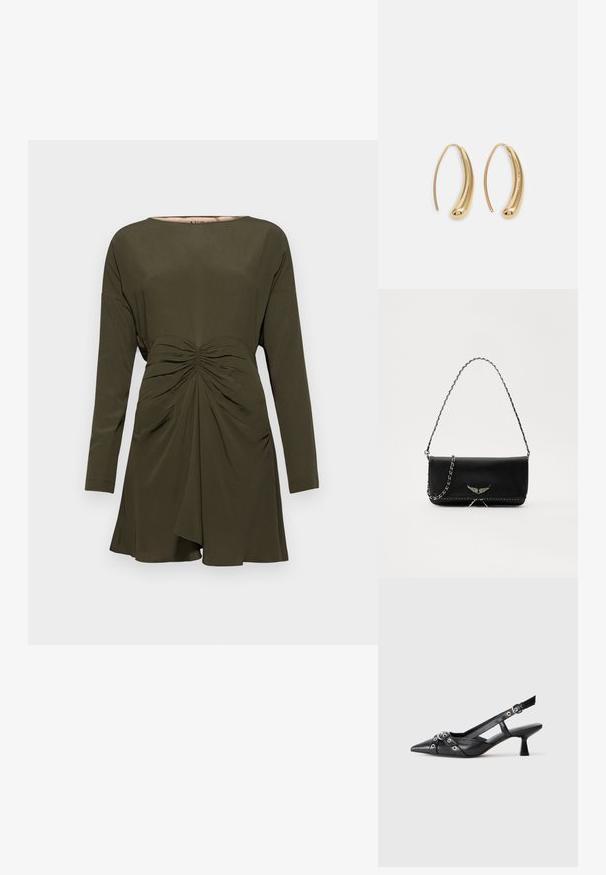Olive rohelise värvi kleit pikkade varrukatega, ringkeha ja mahtudele keskendumise detailidega vöökohtades. Valmistatud siledast, kergest kangast.; Must must have must toote tõmblukuga, dekoratiivsed rihmad metallist silmadega ja madal blokk-kand. Tekstureeritud pind.; Mustvalge nahk käekott hõbedase ahelsanga ja dekoratiivsete tiivaaktsentidega, samuti valgete õmblustega alumises ühenduses.; Kuldtoonilised metallist rõngas kõrvarõngad, millel on kõver ja piklik kuju. Omavad siledat, läikivat pinda ja ümarat tipptugevdust, mis lisab detaili.