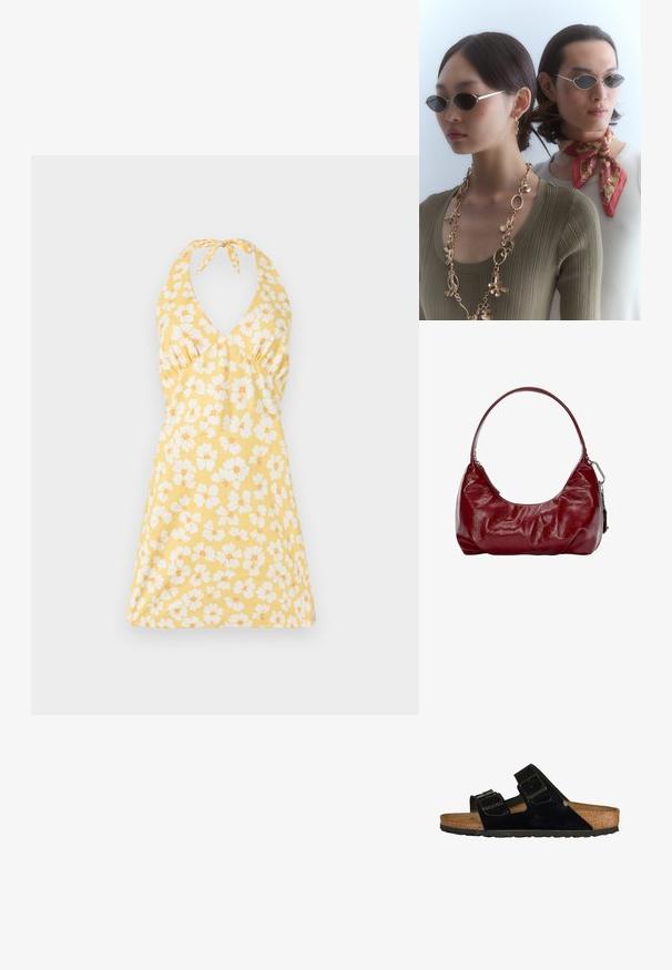 Blomstret halterneck kjole i gul med hvide og orange blomster. Har en v-udskæring, tætsiddende liv og flagrende skørt. Glat tekstur.; Sorte patentlæder sandaler med to justerbare stropper, korksål og gummisål, der har en glat tekstur og et minimalistisk design.; Runde solbriller med mørke linser og tynde sølvrammer. Én person bærer en guldkæde halskæde, mens en anden har et rødt mønstret tørklæde.; Bordeaux skuldertaske lavet af glat materiale, med en buet form og rynket tekstur. En kort håndtag og synlig lynlåslukning er til stede.