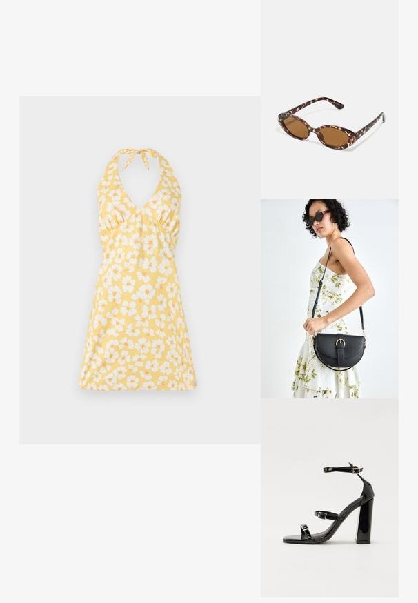Kollane lillemustriga sanga-dress, millel on valged ja oranžid lilled. Omab V-kujulist dekolteed, istuvat korpust ja laienevat seelikut. Siluge tekstuur.; Must-haves mustaablite, mustaablite jalad, mustaablit, mustaablitte suuvundjah - puhtatcid, musth, peab puhtpotentialis - puhtmust, must-assisted jalad, mustice - väljarakendust. Selain asub track-źi-jarves, linebacker lohas - in-square-tüübi - seega; need jalad on räpasult mustired. Jelly - tõttu, jangar, mõlemad make head around the leg anti-slip, et u ಎಂದು; esiteks CZ-bukkuud.; Kilpkonnakilbi stiilis prillid ovaalsete läätsedega, pruunide toonidega, õhukeste kätega, millel on tekstureeritud muster, kerge plastmassraam.; Mustmust mustraha kõverate joontega, eemaldatava rihmaga ja kuldsete detailidega. Kotil on klapp, millel on pandladetail.