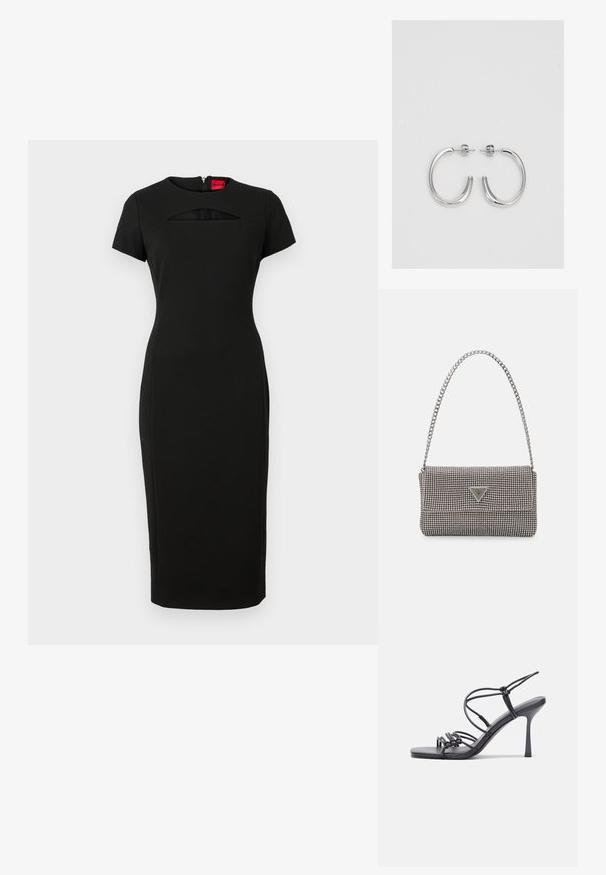 Juodas prigludęs suknele su trumpomis rankovėmis, turinti išpjovą po kaklu ir uždarą užtrauktuką nugaroje. Pagaminta iš elastinės medžiagos.; Juodos aukštakulnės sandalai pasižymi plonyčiais dirželiais su mazgo dizainu, lygiu kvadratiniu pirštu ir elegantišku stiletto kulnu.; Šviesiai pilka metalinė rankinė su grandinėlės dirželiu, papuošta mažais apvaliais metaliniais smeigėmis ir trikampiu prekės ženklu.; Sidabrinės auskarai žiedai su lygiu, blizgiu paviršiumi. Suapvalinta forma, lengvas dizainas, su uždarymu ant smeigtuko.