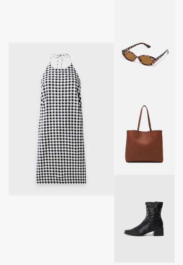 Vestido com alças halter em padrão de xadrez preto e branco, apresentando um corte solto e laços na parte de trás do pescoço. Tecido leve.; Bota de couro preta até o meio da panturrilha com bico quadrado, zíper lateral e salto bloco, sobre um fundo branco liso.; Óculos de sol em tartaruga com lentes ovais, com tonalidade castanha, hastes finas com padrão texturizado, estrutura leve em plástico.; Bolsa tote de couro castanho com uma textura suave, design de abertura superior e duas alças para o ombro. Apresenta costura mínima e sem hardware visível.