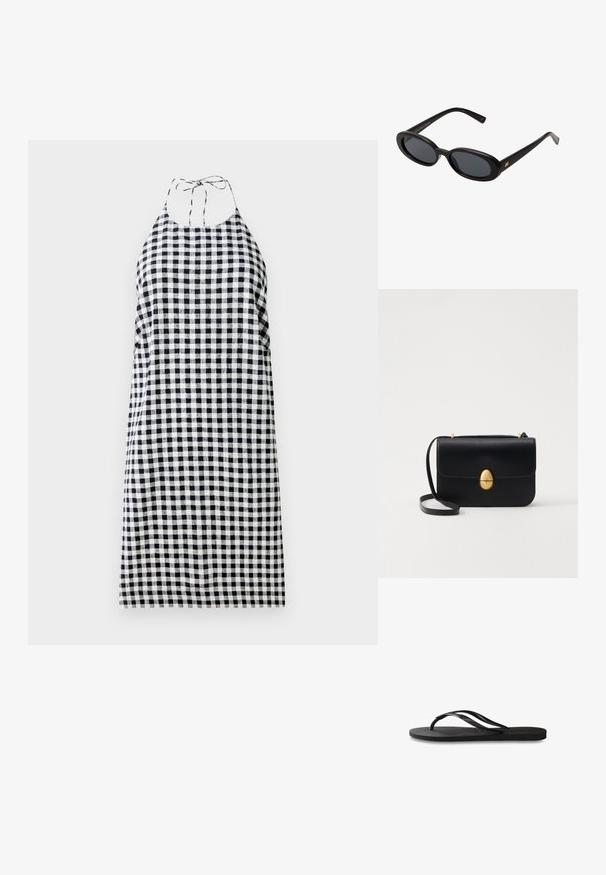 Halterneck-Kleid im Schwarz-Weiß-Karomuster, mit lockerer Passform und Bindebändern am Hals. Leichter Stoff.; Schwarze Flip-Flops mit einer strukturierten Gummisohle, zwei schlanken Riemen und einem dezenten, geprägten Logo-Detail auf dem Riemen.; Schwarze, oversized Sonnenbrillen mit ovalen Gläsern, glattem Kunststoffrahmen und goldenen Akzenten an den Bügeln. Die dunklen Gläser bieten Sonnenschutz.; Schwarze Lederhandtasche mit strukturierter rechteckiger Form. Verfügt über einen goldenen ovalen Verschluss und einen dünnen Schulterriemen. Glatte Textur.