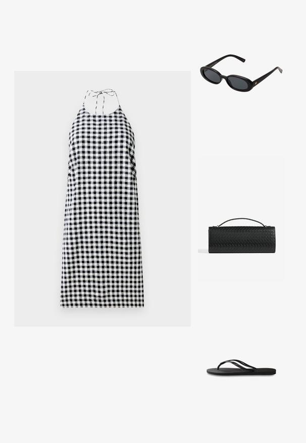 Šaty s halter krkem v černobílém károvaném vzoru, s volným střihem a zavazováním na zádech. Lehká tkanina.; Černé žabky s texturovanou gumovou podrážkou, dvěma štíhlými popruhy a jemným, embosovaným logem na popruhu.; Černé oversized sluneční brýle s oválnými čočkami, hladkým plastovým rámem a zlatými akcenty na spáncích. Tmavé čočky poskytují ochranu před sluncem.; Černá pletená kožená kabelka do ruky s obdélníkovým tvarem, tenkým uchem a jemnými zlatými kovovými detaily.