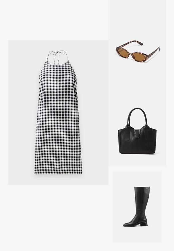 Halterneck-Kleid im Schwarz-Weiß-Karomuster, mit lockerer Passform und Bindebändern am Hals. Leichter Stoff.; Schwarze Lederstiefel bis zur Knee mit abgerundeter Spitze und niedrigem Blockabsatz. Verfügt über eine glatte Oberfläche und minimale Nahtdetails.; Sonnenbrille aus Schildpatt mit ovalen Gläsern, braun getönt, dünnen Bügeln mit strukturiertem Muster, leichtem Kunststoffrahmen.; Schwarze Leder-Tote mit glatter Textur, strukturiertem Design, zwei Griffen und einem auffälligen silbernen Schnallen-Detail auf der Vorderseite.