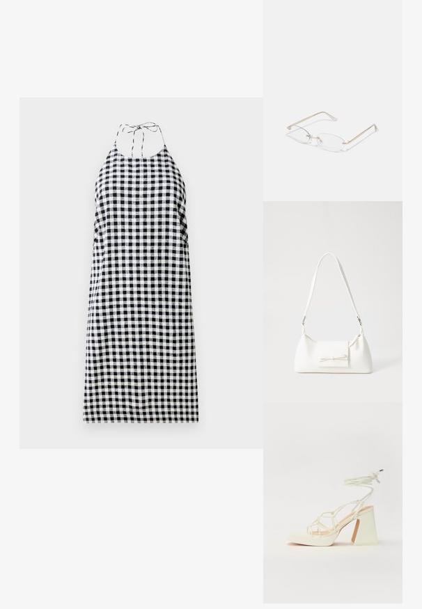 Haljina s halter izrezom u crno-bijelom kariranom uzorku, koja se odlikuje opuštenim krojem i vezicama na stražnjem dijelu vrata. Lagani materijal.; Bijela sandala na visokoj potpetici s debelim petom, s remenom i vezanjem oko gležnja. Glatka tekstura s platformom sprijeda za dodatnu visinu.; Zlatne metalne naočale s ovalnim lećama, tankim ručkama i prozirnim nosnim jastučićima. Ima diskretne naglaske na šarkama i prozirne leće.; Bijela sintetička torbica s trokutastim oblikom, ravnim prednjim poklopcem i detaljem u obliku mašne, podesivom remenom, glatkom teksturom i minimalističkim dizajnom.