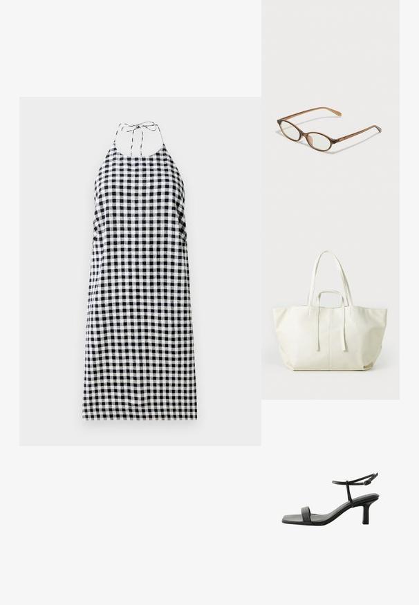 Halter neck mekko mustavalkoisessa ruutukuosissa, jossa on rento istuvuus ja nauhat niskassa. Kevyt kangas.; Next FOREVER COMFORT SIMPLE REGULAR FIT - Sandaalit nilkkaremmillä - black; Ruskeat kilpikonnaruutulasiset silmälasit, joissa ovaalit linssit, ohuet varret ja läpinäkyvät yksityiskohdat. Temppeleissä on huomaamaton logo. Suunnittelultaan suora ja kevyt.; Iso valkoinen olkalaukku, joka on valmistettu teksturoidusta synteettisestä materiaalista. Laukussa on kaksi pitkää kahvaa, avoin yläosa ja minimalistinen muotoilu.