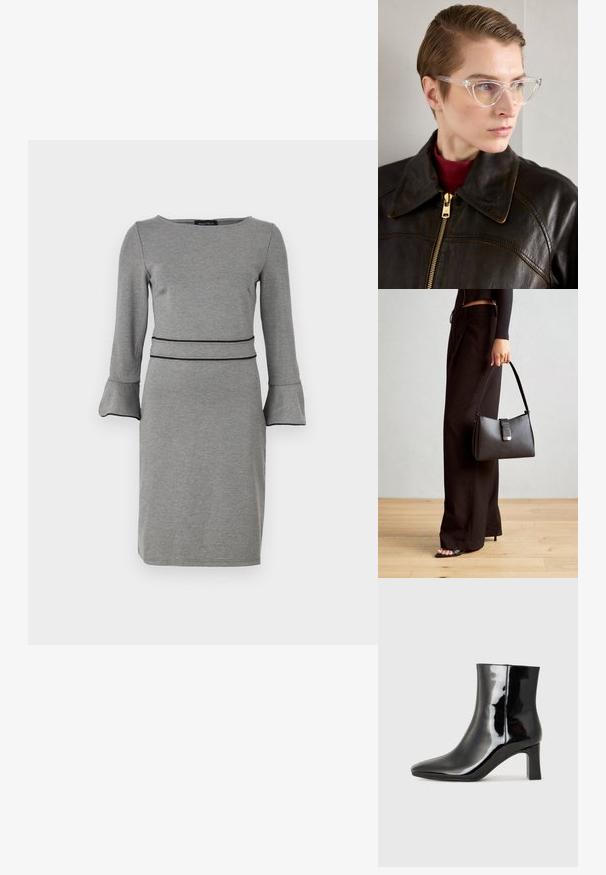 Harmaa mekko, joka on valmistettu pehmeästä kankaasta, jossa on pitkät hihat, levenevät hihansuut, pyöreä pääntie ja yksityiskohtana musta vyötärönauha.; Musta patenttilakattu nilkkuri, jossa on terävä kärki ja keskipitkä lohkarekorko. Silkkinen pinta ja minimalistinen muotoilu.; Kirkas asetaldeytti kissamaiset lasit keltaisilla sävyillä, joita käyttää henkilö tummassa nahkatakissa ja punaisessa poolopaidassa. Sileä rakenne.; Musta käsilaukku, jossa on rakenteellinen muoto, sileä pinta ja metallinen solki. Yhdistetty leveisiin mustiin housuihin ja avonaiheisiin sandaaleihin puulattialla.