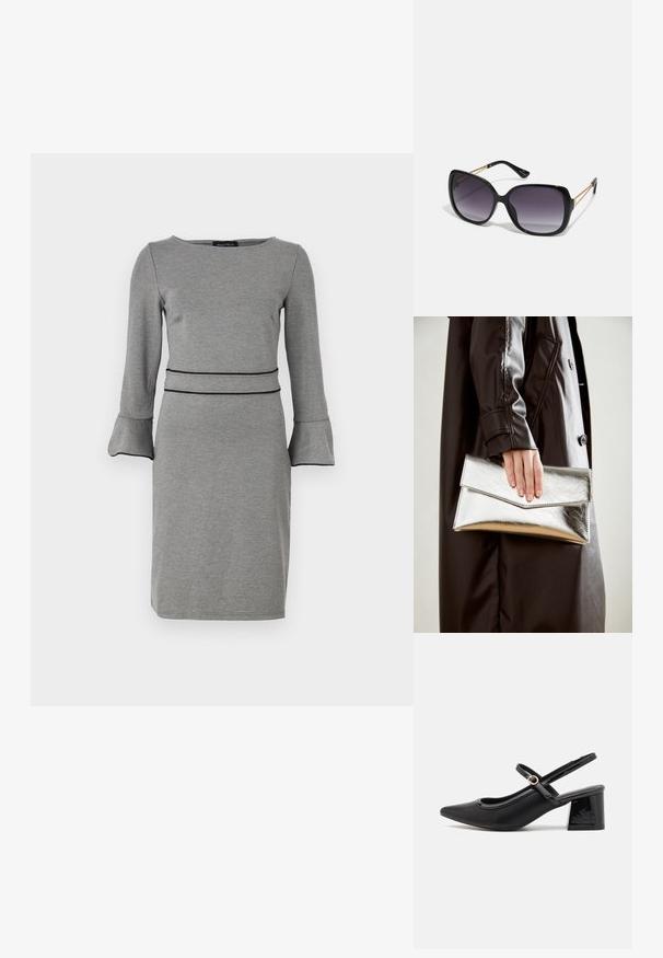 Harmaa mekko, joka on valmistettu pehmeästä kankaasta, jossa on pitkät hihat, levenevät hihansuut, pyöreä pääntie ja yksityiskohtana musta vyötärönauha.; Musta lakattu nahka slingback-korkokengät, joissa on terävä kärki, pyöreä aukko-muotoilu ja lohkokorko. Varustettu kultasävyisellä solkiyksityiskohdalla.; Mustat ylisuurten kehysten aurinkolasit, joissa on liukuväri-linssit, paksut kehykset ja kultasävyiset ketjustuskoristeet temppeleissä.; Hopeinen metallinen clutch-angular kirjekuorimuotoilu, sileä pinta ja kontrastivärinen sisustus, pidetään kädessä, jossa on musta takki.