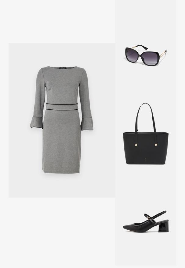 Hallidehri hall ja pehmeast kangast, millel on pikad varrukad, laiad mansetid, ümmargune kaelus ja eristav must vöökoht.; Mustad läikivad nahast slingback-kõrged kontsad, millel on terav nina, ümar lõikekujundus ja blokknina. Omab kuldset nupu aktsenti.; Mustad ümarad päikeseglaasid, millel on gradient objektiivid, paksud raamid ja kuldse tooni kettaga kaunistused tempelitel.; Must musträkk, mis on valmistatud sünteetilisest materjalist, lihtsa ristkülikukujulise disainiga, kuldsete ruudukujuliste rõhutustega ja kahe käepidemega.