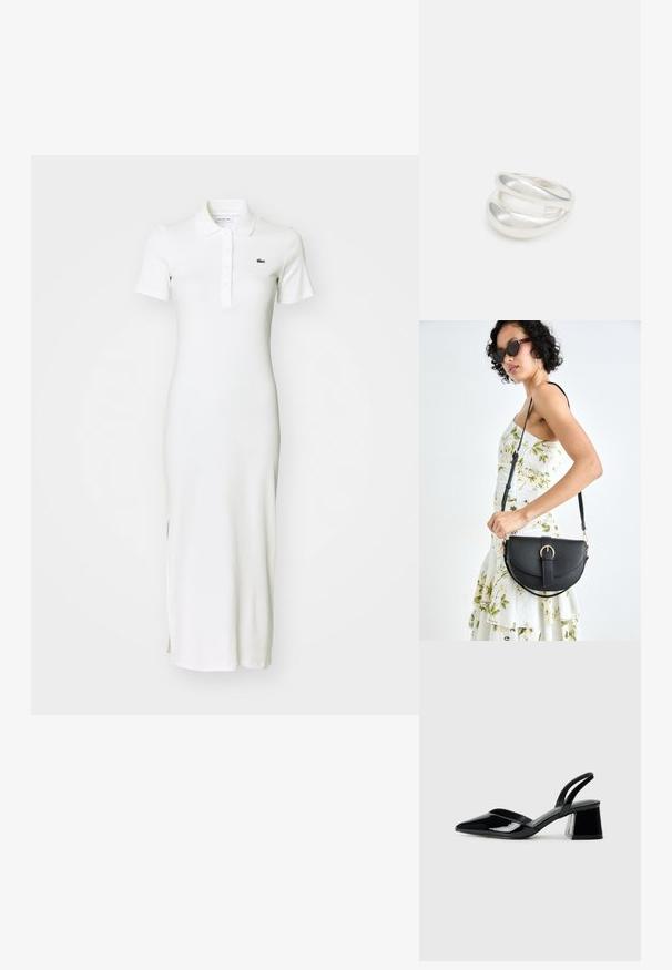 Biała, prążkowana maxi sukienka z krótkimi rękawami, kołnierzykiem, zapięciem na guziki i subtelnymi rozcięciami po bokach. Zawiera małe zielone logo na klatce piersiowej.; Czarne lakierowane półbuty na obcasie z wydłużonym noskiem i geometrycznym słupkiem. Charakteryzują się eleganckim, minimalistycznym designem oraz gładką fakturą.; Czarna skórzana torebka o zakrzywionym kształcie, z odpinanym paskiem i złotymi akcentami. Torebka posiada klapę z zapięciem w kształcie klamry.; Srebrna obrączka podwójna z gładką, polerowaną powierzchnią. Posiada płynny, zakrzywiony kształt z nakładającymi się sekcjami, co nadaje nowoczesny wygląd.