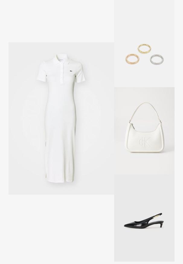 Vit ribbad maxiklänning med korta ärmar, krage, knapplist och subtila sidofickor. Har en liten grön logotyp på bröstet.; Svart läder slingback-hälar med spetsig tå, med en smal klack och en guldtonad detalj på den justerbara remmen. Slät textur.; Vit läderhandväska med en böjd form, som har en präglad "CK"-logotyp på framsidan och ett enda axelband. Dragkedjestängning upptill.; Tre metallringar: en roséguld, en guld med texturerade detaljer och en silver, alla med ingraverad märkning på den inre ringen.