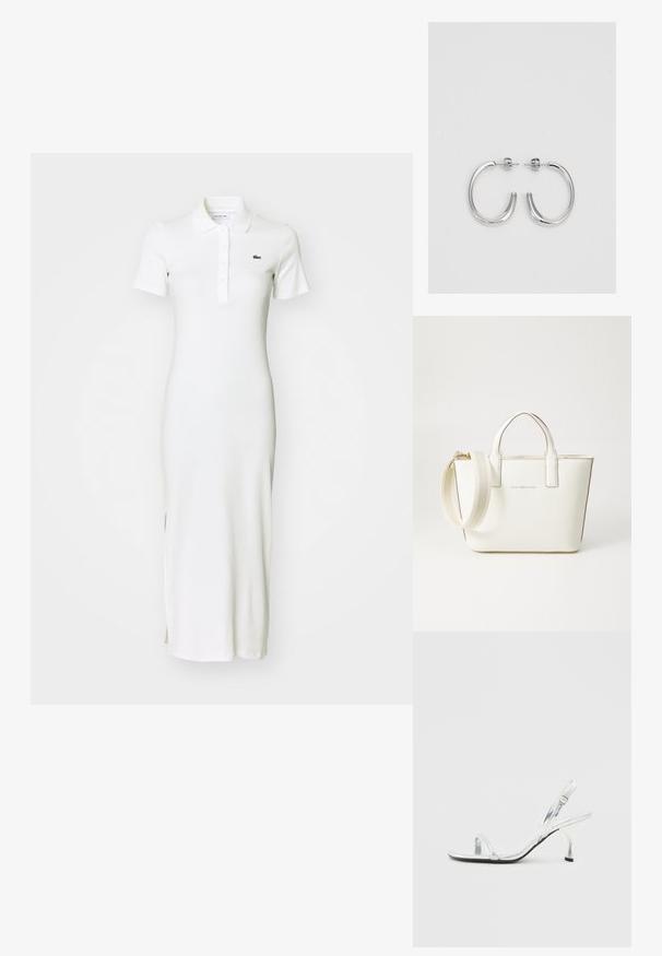 Weißes, geripptes Maxikleid mit kurzen Ärmeln, Kragen, Knopfleiste und dezenten Seitenschlitzen. Mit kleinem grünen Logo auf der Brust.; Silberne Lackleder Slingback-Pump mit schmalem Zehenriemen, verstellbarem Schnallenverschluss und schlanker Absatzhöhe.; Weiße Handtasche aus Kunstleder mit kurzen Henkeln, verstellbarem Schulterriemen und goldfarbener Hardware; verfügt über ein dezentes Logo auf der Vorderseite.; Silberne Creolen mit einer glatten, glänzenden Oberfläche. Abgerundete Form, leichtes Design, mit einer Steckverschluss.
