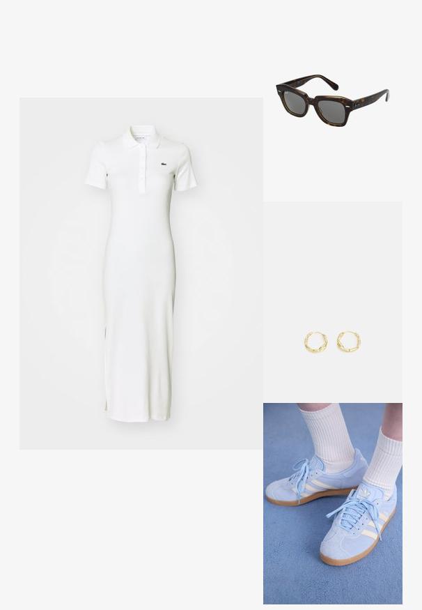 Bela rebrasta maksi obleka s kratkimi rokavi, ovratnikom, zapenjanjem na gumbke in diskretnimi stranskimi razporki. Na prsih ima majhno zeleno logo.; Svjetloplave suede tenisice s bijelim trakama, ravnim vezicama i gumenenim potplatom. Iznad gležnja su nošene rebraste bijele čarape.; Prizmašne sončne očala s torbastim plastičnim okvirjem, temnimi lečami in srebrnimi detajli na straneh. Narejeno v Italiji.; Zlate obročeve uhane z teksturirano, nepravilno površino. Imajo lahko konstrukcijo in okroglo obliko, primerne za vsakodnevno nošenje.