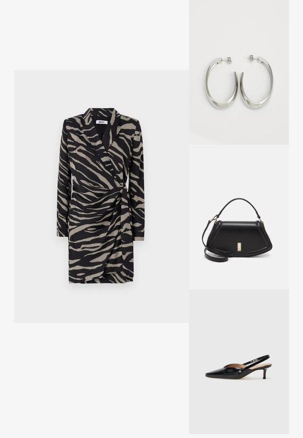 Black wrap dress featuring a zebra print pattern in beige. Long sleeves and a gathered waist detail enhance the design.; Black patent leather slingback pump with a pointed toe, small heel, and a cutout design on the vamp. Gold-tone hardware accent on the side.; Black leather handbag with a structured design, featuring a cropped shape, top handle, and gold hardware accent. Adjustable shoulder strap included.; Silver hoop earrings with a smooth, curved design. Features a shiny metallic finish and stud closure. No visible patterns or accents.