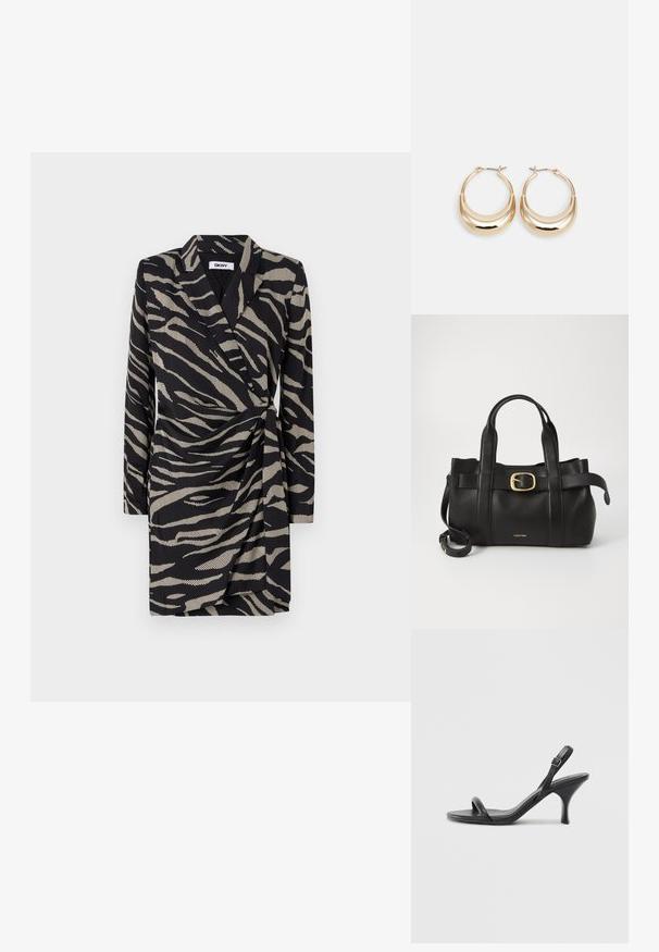 Černé šaty s přepásáním s vzorem zebřího pruhování v béžové barvě. Dlouhé rukávy a nařasený pas dotvářejí design.; Černé kožené sandály na vysokém podpatku s úzkým, zakřiveným podpatkem a designem s překříženými popruhy. Nastavitelný pásek kolem kotníku. Hladký povrch.; Černá kožená kabelka s upraveným designem, dvojitými vrchními madly, pozlaceným přezkovým akcentem a vyraženým logem značky na přední straně.; Náušnice ve tvaru kroužku zlaté barvy s půlměsícovým tvarem, lesklým povrchem a závěrečným uzávěrem. Hladká textura a reflexní povrch zvyšují viditelnost.