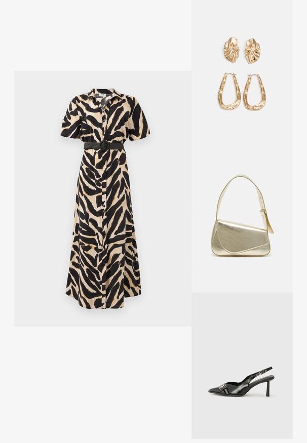 Rochie lungă, cu nasturi, cu un imprimeu animalier în nuanțe de negru și bej, mâneci scurte și o curea neagră cu cataramă circulară în talie.; Pantofii slingback din piele lăcuită neagră, cu vârf ascuțit, bretele pentru gleznă cu catarame și accesorii din argint, și un toc subțire.; Geantă de umăr metalică aurie cu un design structurat, textură netedă și curea reglabilă. Prezintă o formă triangulară unică și cusături minimaliste.; Cercei aurii cu forme texturate și ondulate. Include studs sculpturale cu clip și un design de cerc deschis cu un finisaj cioplit.