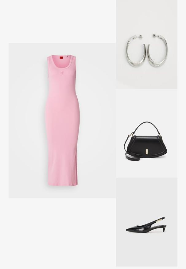 HUGO NALIMERA różowy; Czarne skórzane szpilki typu slingback z ostrym noskiem, posiadające smukły obcas i złoty akcent na regulowanym pasku. Gładka tekstura.; Czarna skórzana torebka o strukturalnym designie, z przyciętą formą, górnym uchwytem i złotymi akcentami. W zestawie regulowany pasek na ramię.; Srebrne kolczyki-hoop o gładkim, zakrzywionym designie. Posiadają błyszczące metaliczne wykończenie i zapięcie na sztyft. Brak widocznych wzorów lub akcentów.