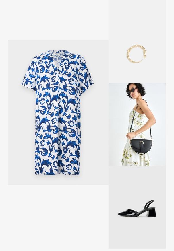 Šaty s krátkym rukávom, po kolená, s výstrihom do V, s modrým kvetinovým vzorom na bielom pozadí, vyrobené z ľahkého materiálu.; Čierne lakované kožené sandálové podpätky s špicatou špičkou a geometrickým blokovým podpätkom. Disponujú elegantným, minimalistickým dizajnom a hladkým povrchom.; Čierna kožená kabelka s zaobleným tvarom, odnímateľným popruhom a zlatými doplnkami. Kabelka má klopu s detailom s prackou.; Prsteň v zlatej farbe s organickým, skrúteným dizajnom, hladkým povrchom a zužujúcimi sa koncami, vytvárajúci moderný, sochársky vzhľad.